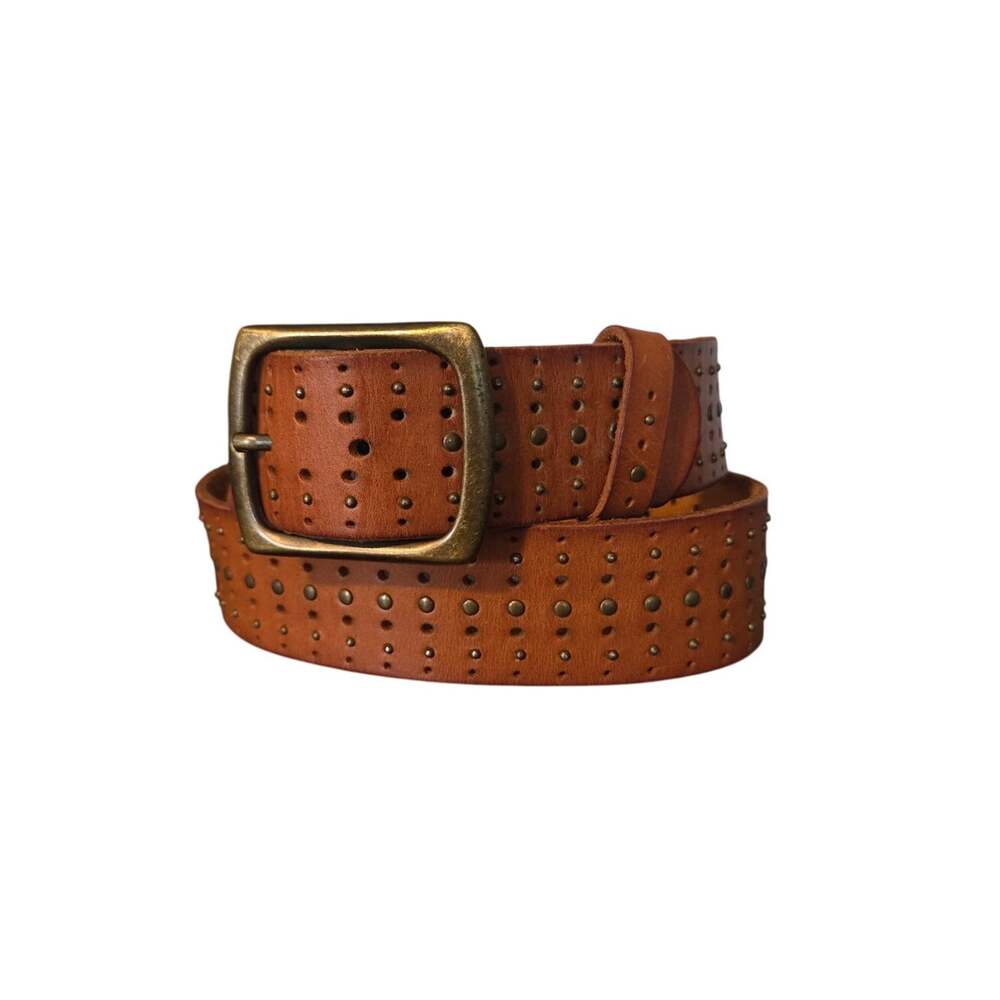 genuine leather wide 1.5 inch brown studded 2000s brass square buckle M
